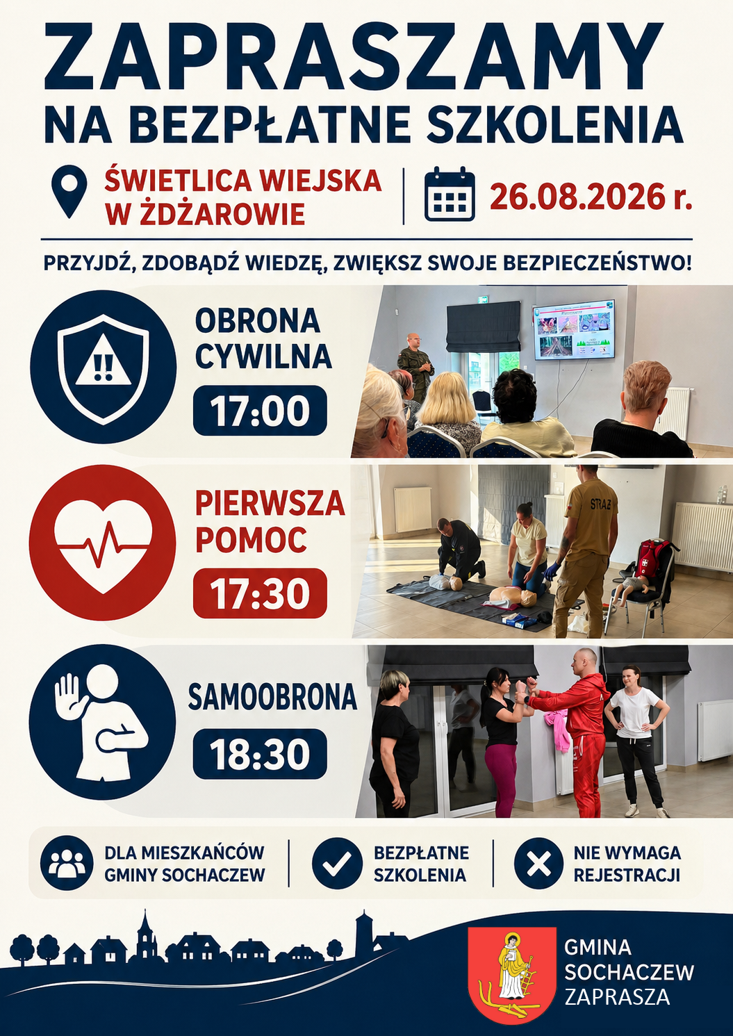 Bezpłatne szkolenia dla mieszkańc&oacute;w Gminy Sochaczew - obrona cywilna, pierwsza pomoc, samoobrona (sierpień)