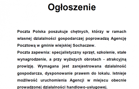 Poczta Polska poszukuje osoby do prowadzenia Agencji Pocztowej w Gminie